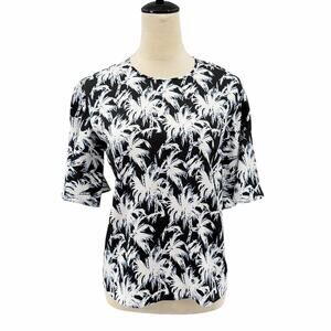 Diane von Furstenberg Arlene Black & White Palm Tree Short Bell Sleeve Blouse